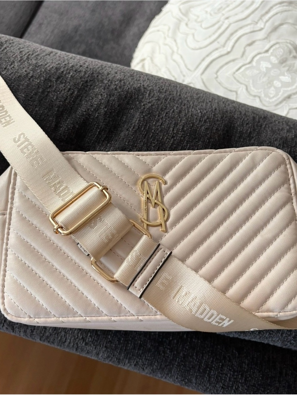 Steve Madden Quilted Crossbody Bag in Light Beige with Gold Hardware